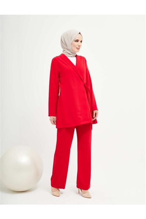 Gülsima Moda Kırmızı Önden Bağlamalı Şık Tesettür Takım 7466