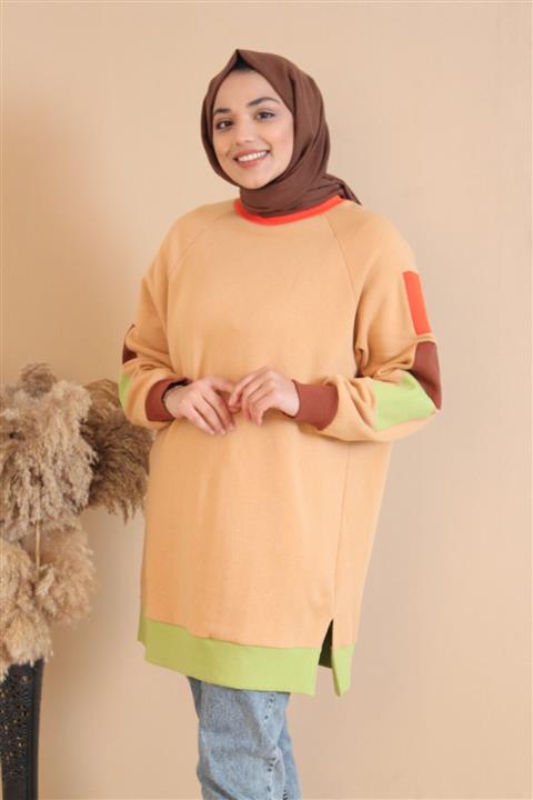 Soul Kadın Deve Tüyü Rengi Renkli Ribana Detaylı Şardonlu Sweatshit