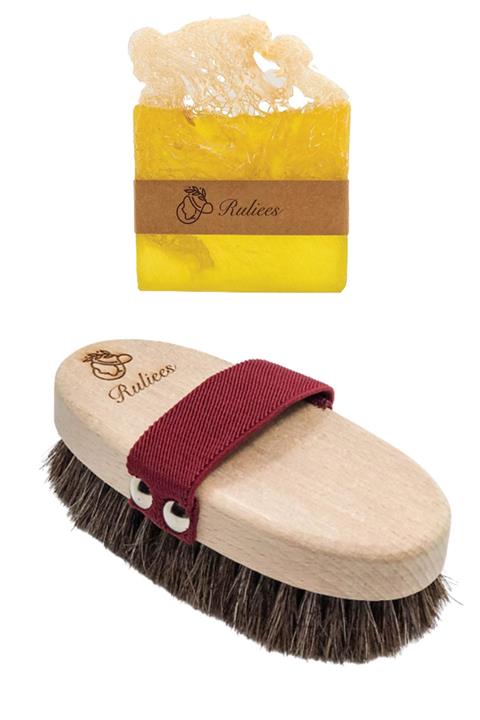 Ruliees %100 Doğal At Kılı Fırçası (selülit Fırçası) & Doğal Kabak Lifli Sarı Kantaron Sabunu