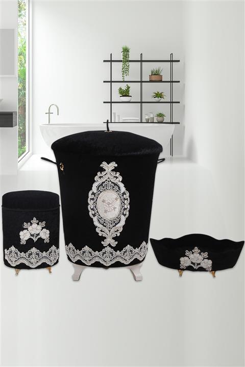 Bonny Home Lisa Siyah Kadife Banyo Kirli Çamaşır Sepeti Seti 3' lü