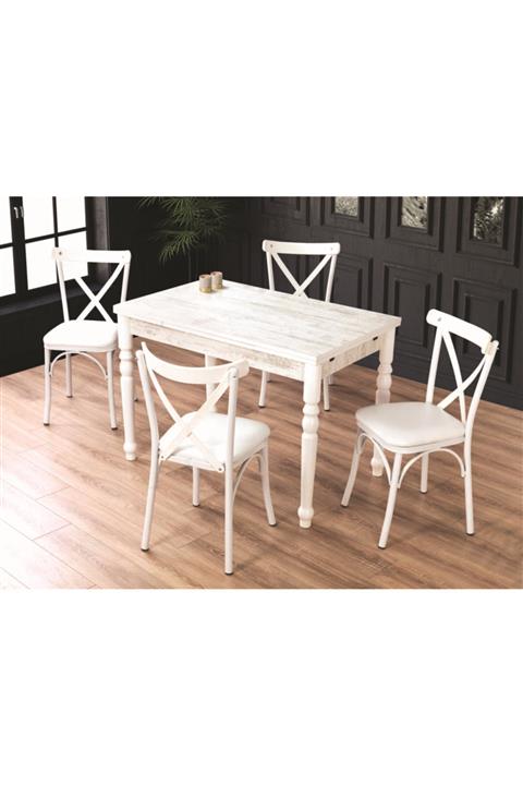Emma Concept Beyaz Açılabilir Ahşap Masa Sandalye Takımı 70x110 + 4 Sandalye