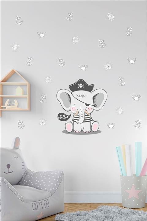 BK Decor Sevimli Korsan Fil, Çapa, Dümen Ve Yengeçler Çocuk Odası Duvar Sticker
