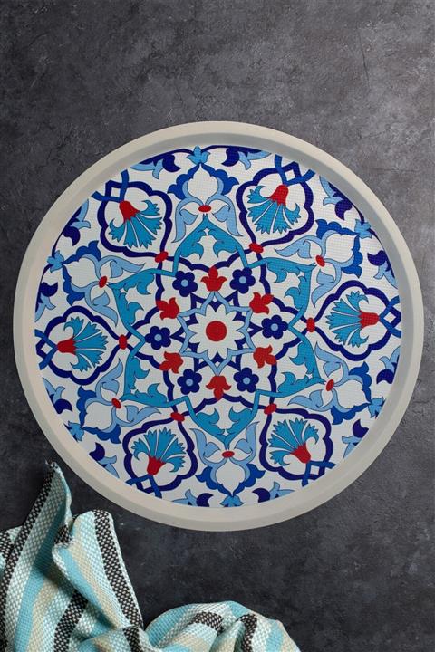 Zucci Çini Desenli Beyaz Yuvarlak Tepsi