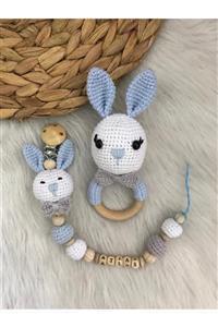 Baby Collection Organik Oyuncak Amigurumi Örgü Tavşan Figürlü Diş Kaşıyıcı Ve Emzik Zinciri Set