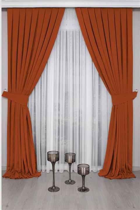 İ.D İpek Dokuma Kiremit Rengi Kadifemsi Pileli Fon Perde 1.sınıf Kalite