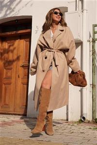 KÜBRA BOUTIQUE Camel Kruvaze Kuşaklı Kaşe Kaban