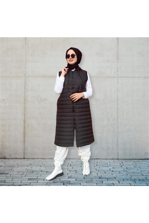 Hüma Sultan Ön Kapitone, Arka Çift Ipilik Likralı Kumaş, Kapşonlu Şişme Yelek