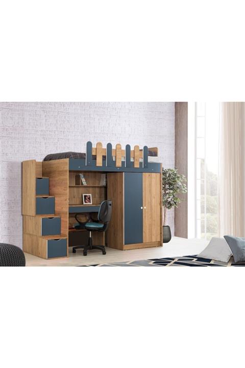 Güven Mobilya Koyu Mavi Çalışma Masalı Dolaplı Ranza Takım