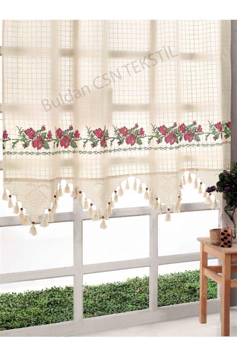 Buldan CSN Tekstil Pamuklu Kırmızı Kanaviçeli Otantik Perde