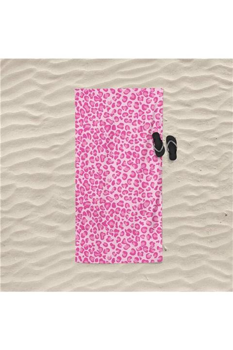 DECOSEW Pembe Leopar Figürlü Özel Tasarım Plaj Havlusu