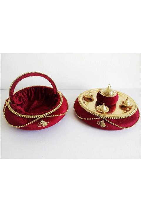 Happyland Bordo Renk Metal Tepsili Kadife Boncuklu Kına Sepeti ve Tepsisi