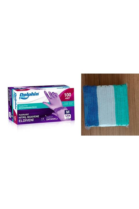 Dolphin Pudrasız Nitril Lila Eldiven 100 M Beden+ Renkli Bone 100 Adet Tek Kullanımlık Çift Lastikli