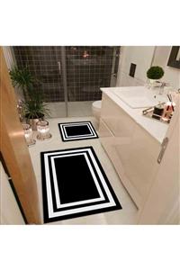 Apree Home Black 2'li 60x100 - 50x60 Dijital Baskılı, Kaydırmaz Banyo Paspası Seti