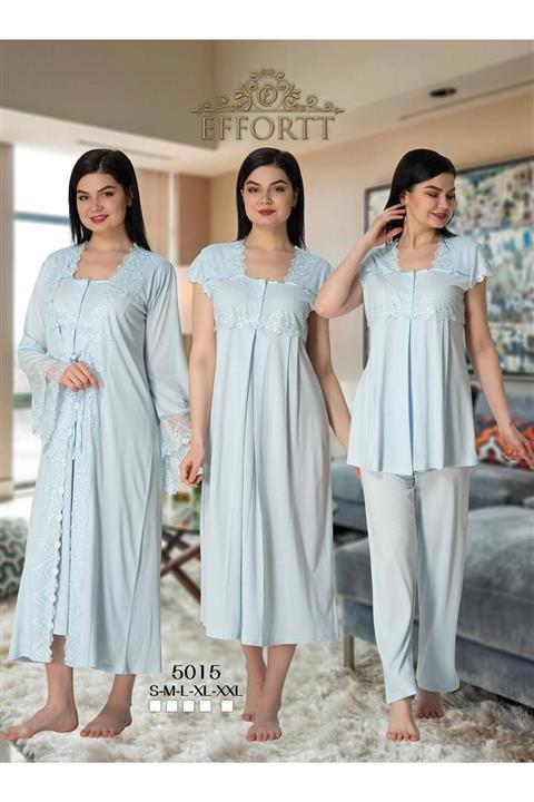 Effortt Kadın Mavi Hamile Lohusa Gecelik Sabahlık Pijama Takımı 4'lü Set