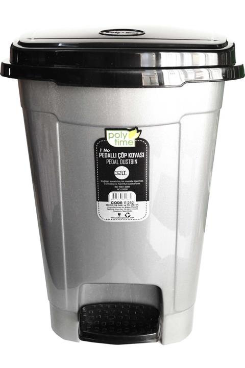 Polytime Pedallı Basmalı Çöp Kutusu Kovası / Çıkarılabilir Iç Kovalı / Gri / 32 Litre / 47x35x35 Cm.
