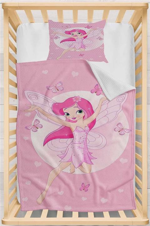 Else Halı Else Pembe Prenses Perili Kelebek Desenli Yatak Örtüsü Yastıklı Bebek Pike Takımı