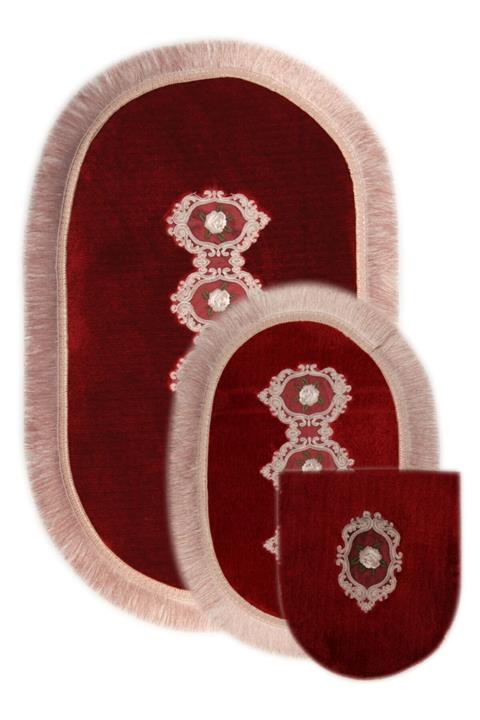 Bonny Home Shems Bordo 3lü Dantelli Ve Püsküllü Klozet Takımı Banyo Halısı Paspası Seti
