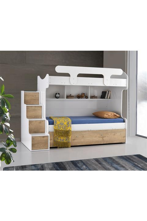 beenal Samara Ranza - 3 Karyolalı Merdivenli Ranza ,yavrulu Karyolalı - Parlak Beyaz-lefkas Ceviz