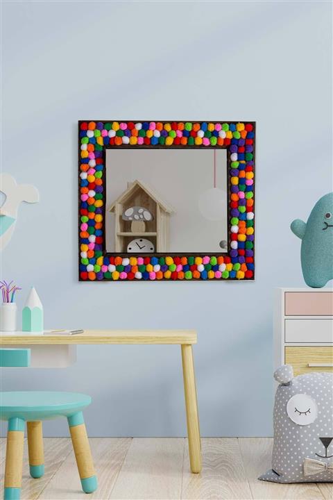 bluecape Doğal Ağaç 58x58 Cm Renkli Ponponlu Ceviz Çerçeve Salon Ofis Mutfak Duvar Konsol Boy Aynası