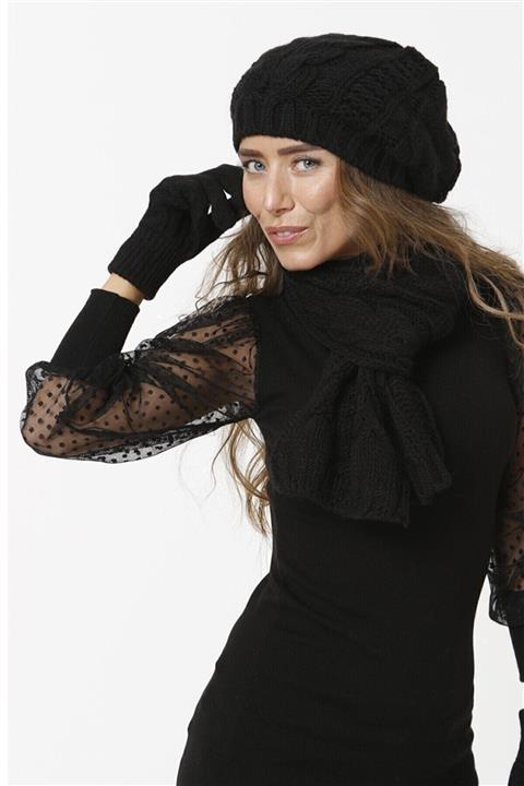 FATELLA Kadın Triko Örgü Model Siyah Atkı Bere Eldiven Set