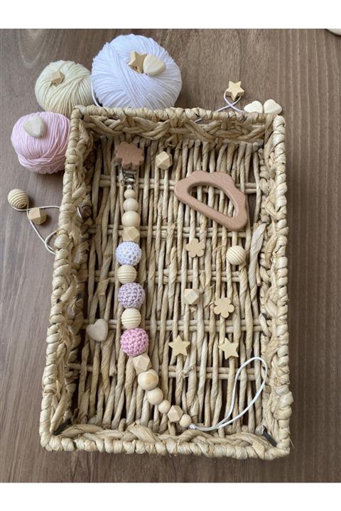 Beybi Gift Pembe  Ahşap Örgülü Emzik Askısı