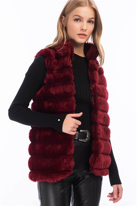 Cotton Mood 8414151 Kürk Enine Çizgi Desenli Kolsuz Yelek Bordo