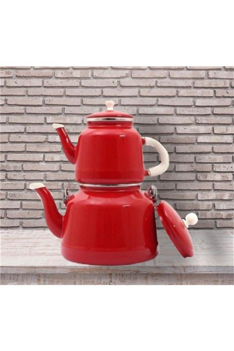 Vintage Alev Emaye Çinko Çaydanlık Kırmızı