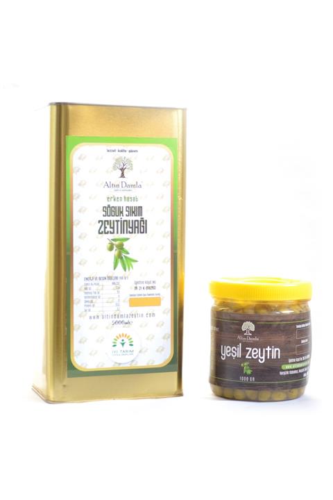 ALTIN DAMLA Zeytin ve Zeytinyağları Erken Hasat Soğuk Sıkım Zeytinyağı, Halhalı Yeşil Zeytin (5kg,1kg)