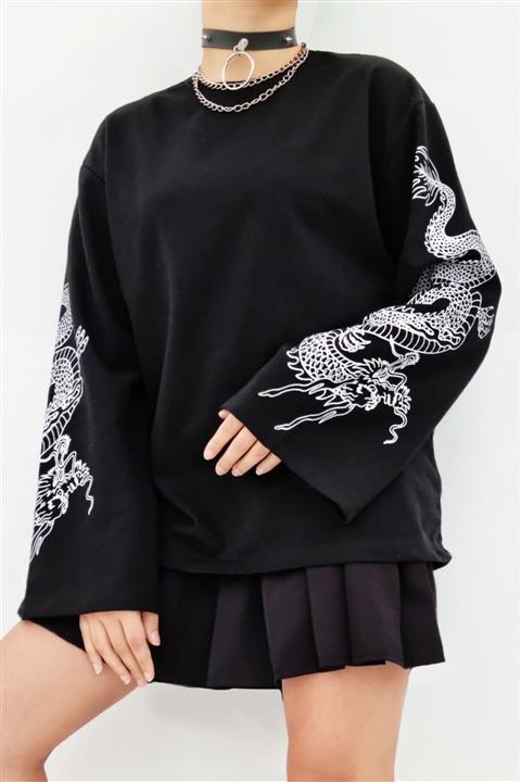 Carpe Unisex Siyah Ispanyol Kol Ejderha Oversize Sweatshirt