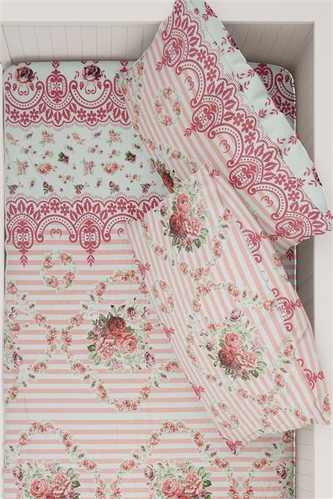 İko Çeyiz Pudra Pamuklu Gül Demeti Desenli 100x200cm Tek Kişilik Lastikli Çarşaf Takımı