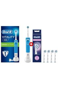 OralB D100 Vitality Cross Action Mavi Elektrikli Diş Fırçası Box + Oral- B Sensitive Clean 3+1 Yed