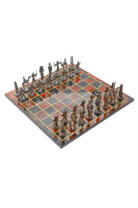 elife shop Esmsr5 Lüks Metal Satranç Takımı Krom Kaplama Bronz Mısır Ordusu & Alev Kırmızı Mermer Desenli Tahta