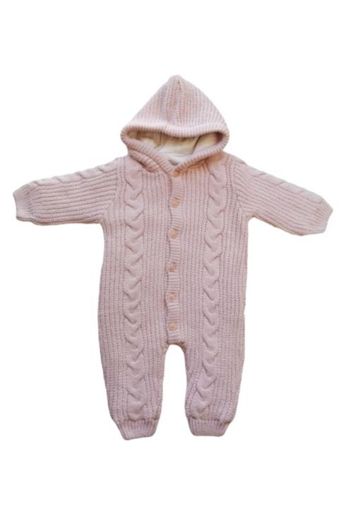 Puppis Baby Selanik Örgü Pembe Kapşonlu Elyaflı Tulum