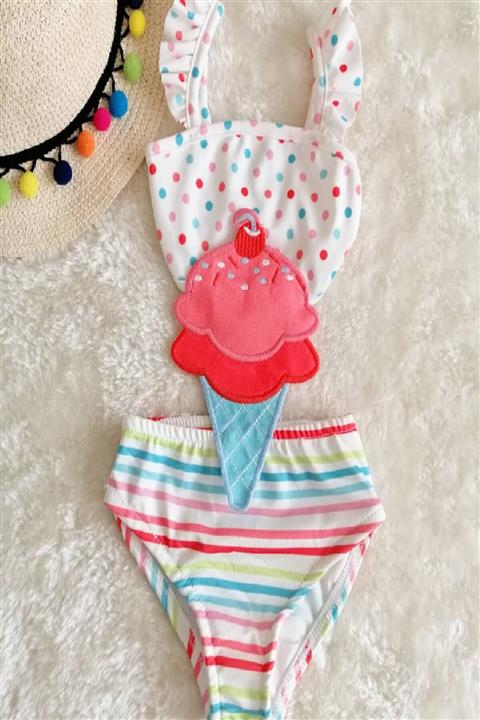 My Kids Wear Kız Çocuk Beyaz Dondurma Figürlü Mayokini