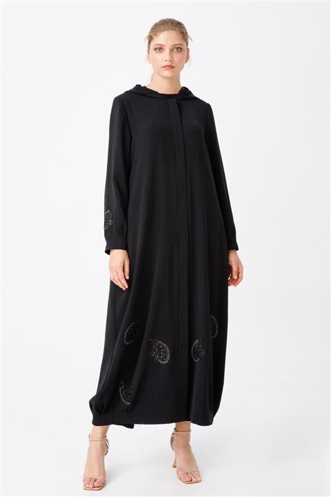 Micca Taş Işlemeli Virgül Motifli Ferace Siyah