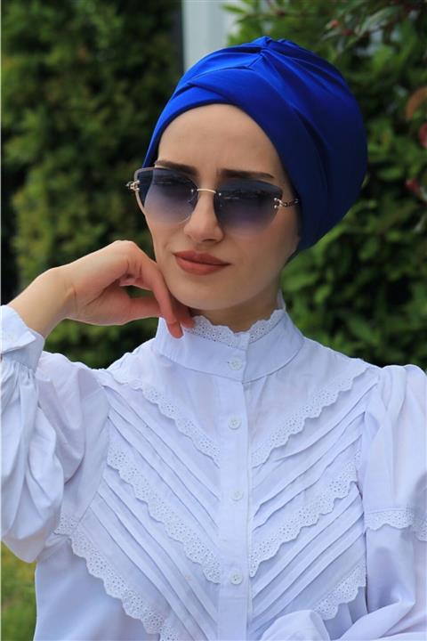 Amisos Bone Şal Hazır Tesettür Giyim Çapraz Bone Saks Mavisi