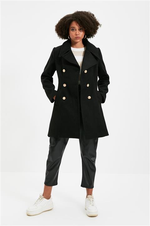 TRENDYOLMİLLA Siyah Düğme Kapamalı Yünlü Kaşe Kaban TWOAW22KB0185