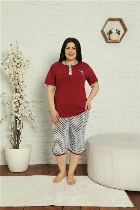 Akasya Kadın Bordo Cepli Kısa Kollu Büyük Beden Kapri Pijama Takımı