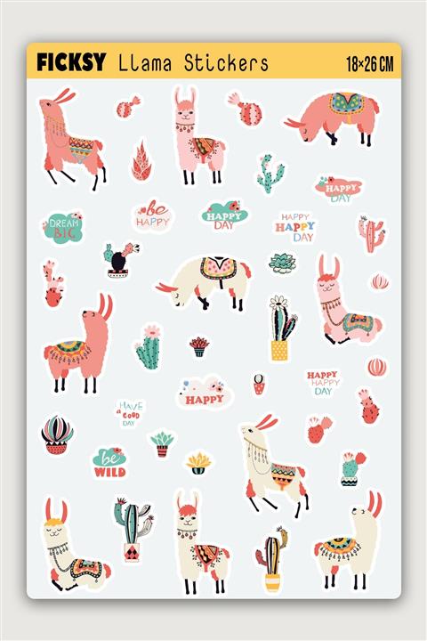 Ficksy Sevimli Mutlu Lama Sticker Seti - 41 Adet Etiket Çıkartma