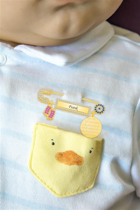 Papatya Silver Fıstık Yazılı Düz Model Kız Bebek Ayaklı Bebek İğnesi