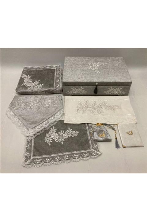 Dilek Gri Kadife Sandıklı Seccade Seti Fransız Güpürlu Bohça Seti 7 Parça