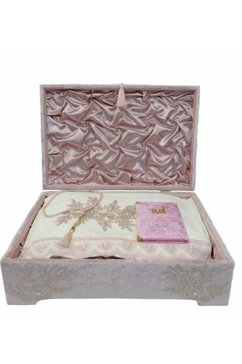 Esmer Sandıklı Gelin Bohça Seti - Pudra ( 7 Parça ) - Sandık-seccade-bohça-havlu-kur'an Kabı-yasin-tespih