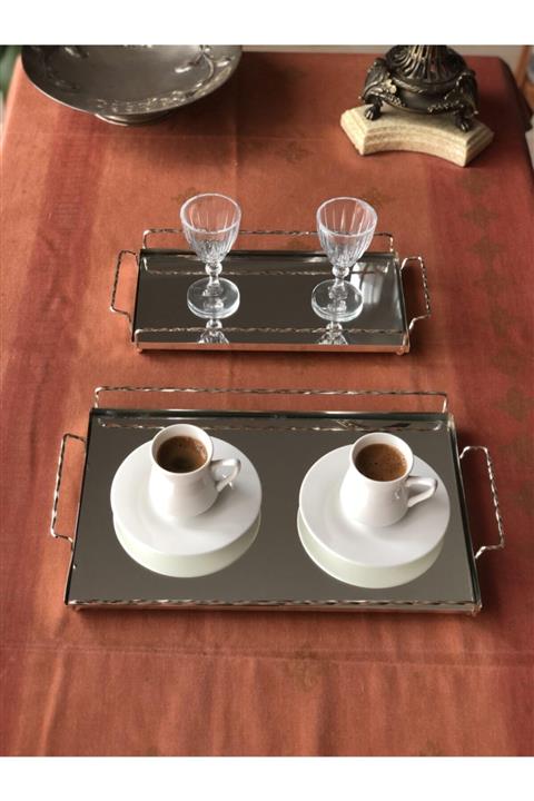 Markimo Home Gümüş Aynalı Tepsi Seti - Servis Ve Sunum Tepsisi - Kanal Burgu Kare Kulp Gümüş 2 Adet (MH000039)