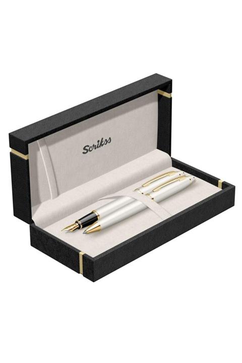 Scrikss 35 Beyaz Altın Dolma Kalem ve Tükenmez Kalem Seti