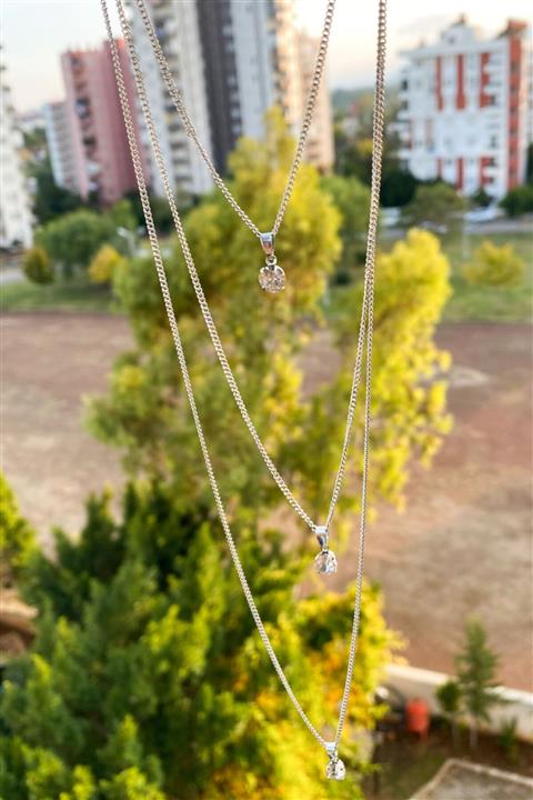 Per10 Silver 3 Zincirli Zirkon Taşlı Kadın Kolyesi