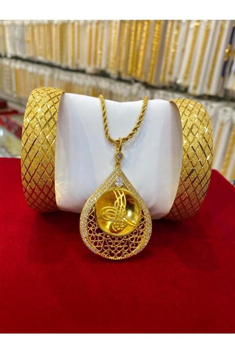 Alzey Gold İmitasyon 1,5 Cm 2 Bilezik Ve Tugra Kolye Set Takım