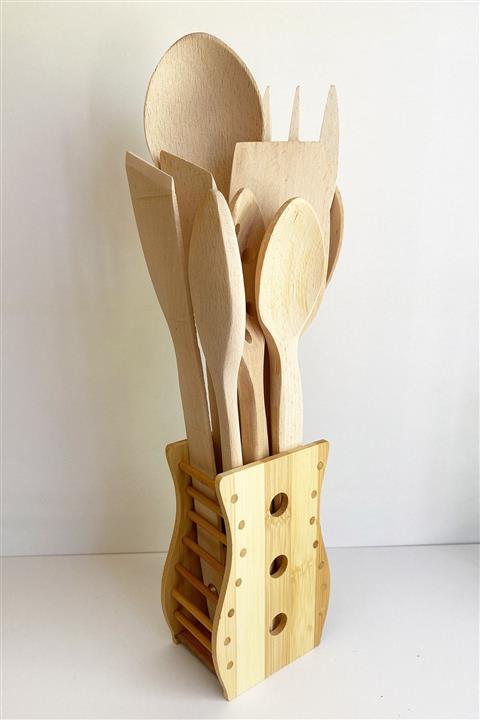 aktarix 10 Parça Ahşap Kaşık Çatal Maşa Spatula Servis Seti Ahşap Bambu Standlı