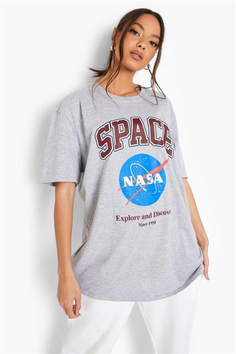 Trendseninle Kadın Gri Oversize Özel Tasarım Space Nasa Baskılı T-shirt Tşört