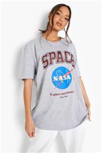 Trendseninle Kadın Gri Oversize Özel Tasarım Space Nasa Baskılı T-shirt Tşört