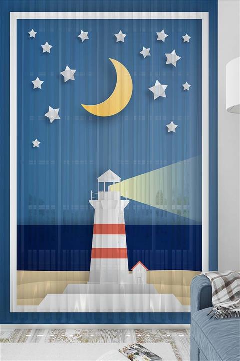 Else Halı Else Mavi Deniz Feneri Desenli Dekoratif Çocuk Bebek Tül Fon Perde